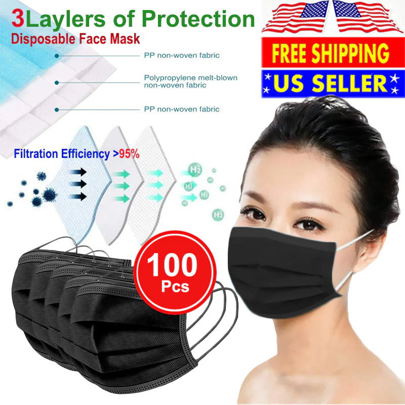 100 PCS Face Mask Non Medical Surgical Disposable 3Ply Earloop Mouth Cover - Black (with Box) - Image 7
