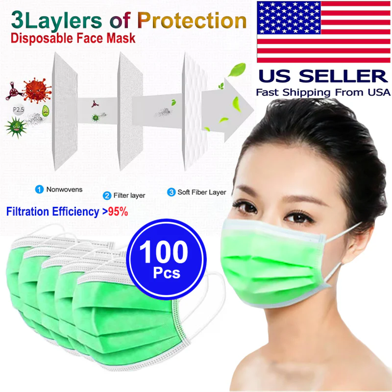 100 PCS Face Mask Non Medical Surgical Disposable 3Ply Earloop Mouth Cover - Green (with Box) - Image 6