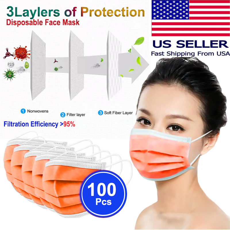 100 PCS Face Mask Non Medical Surgical Disposable 3Ply Earloop Mouth Cover - Orange (with Box) - Image 6