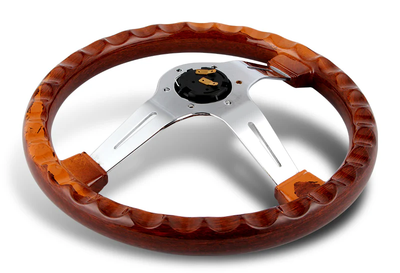 13.5" 343mm 6-Bolt Hole JDM Euro VIP Style Classic Dark Wood Grip With Aluminum Finished 3-Spoke 3 Inches Deep Dish Steering Wheel - Image 2