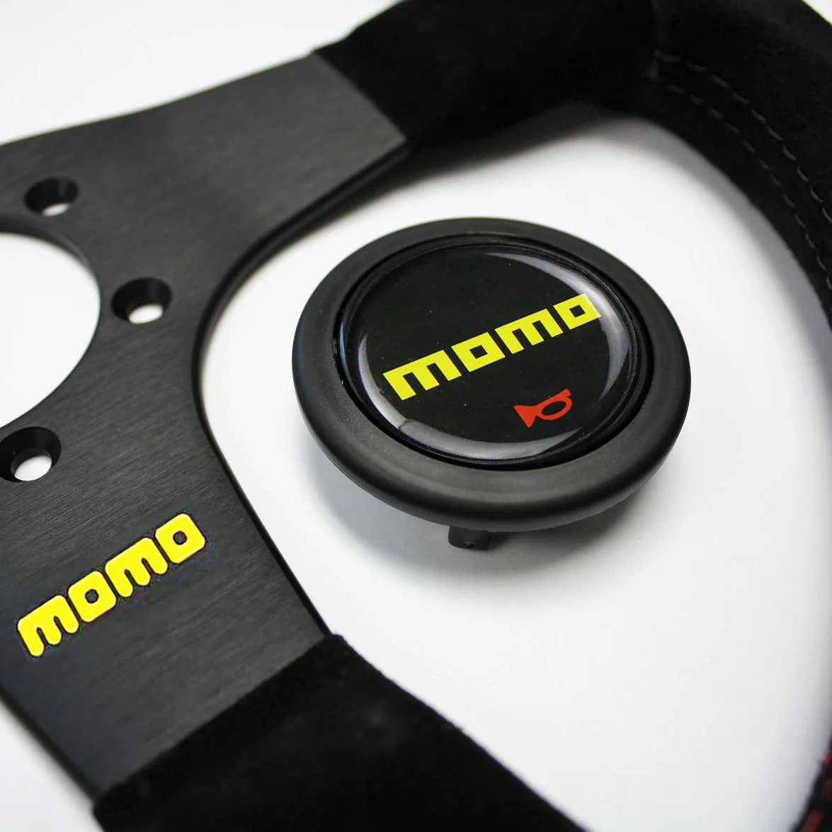 14" MOMO Racing Black Stitching Suede Sport Steering Wheel with Horn Button Universal - Image 2