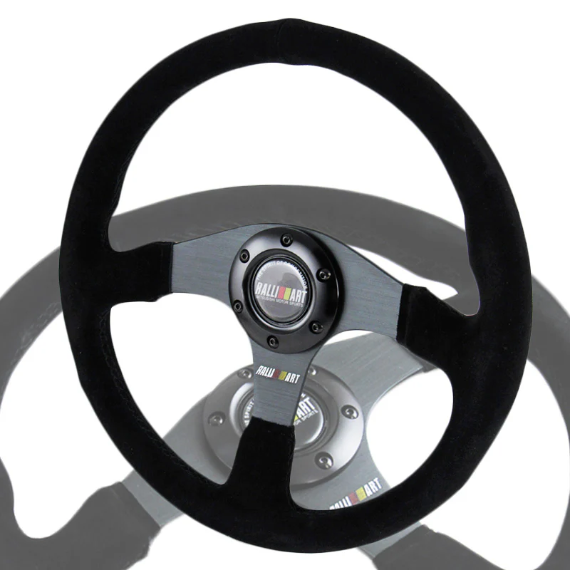 14" MITSUBISHI RALLIART Black Stitching Suede Sport Steering Wheel w Horn Button - Image 5
