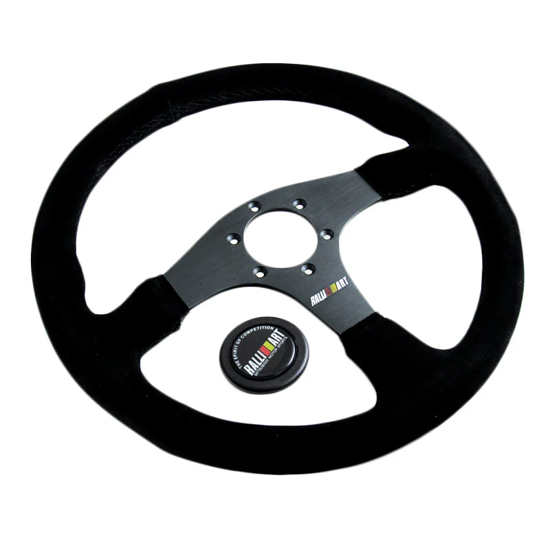 14" MITSUBISHI RALLIART Black Stitching Suede Sport Steering Wheel w Horn Button - Image 6