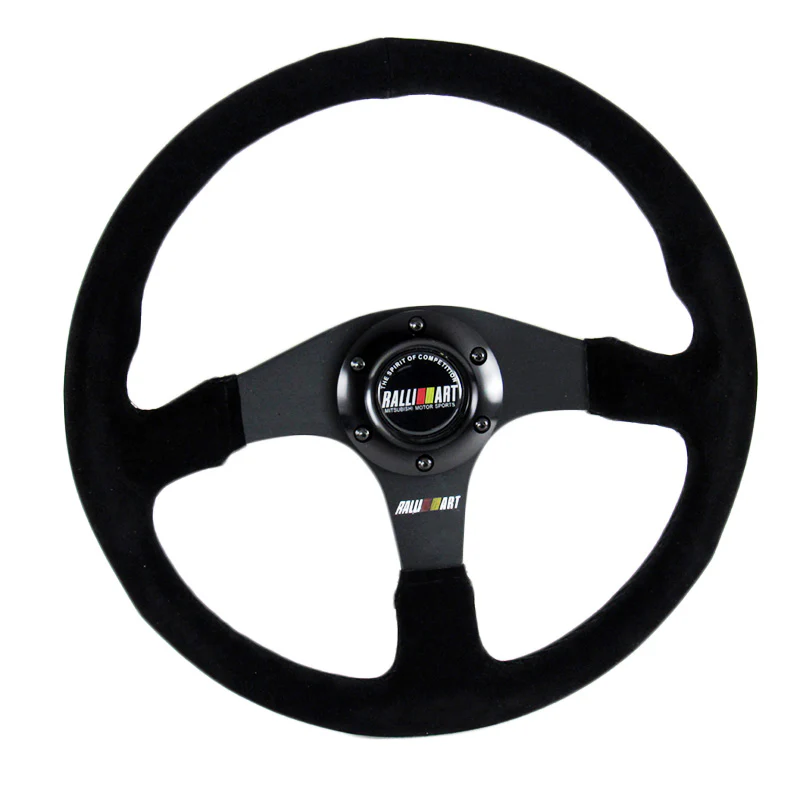 14" MITSUBISHI RALLIART Black Stitching Suede Sport Steering Wheel w Horn Button - Image 7