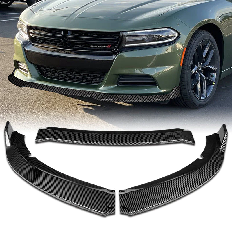 2015-2023 Dodge Charger SXT Carbon Look 3-Piece Front Bumper Body Spoiler Splitter Lip Kit with Badge Scratch Guard Set - Image 7