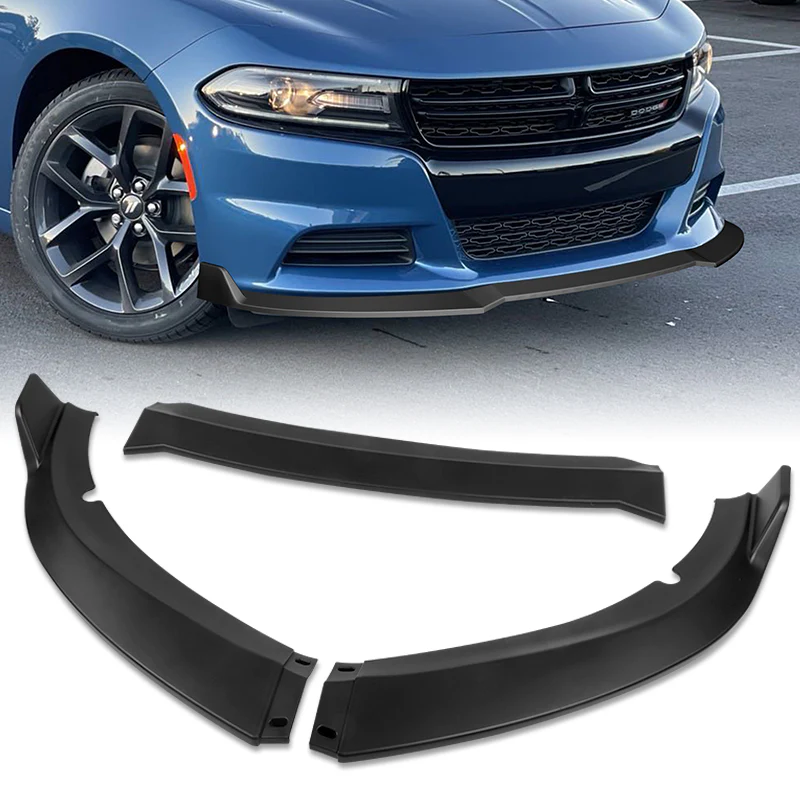 2015-2023 Dodge Charger SXT Unpainted Black 3-Piece Front Bumper Body Spoiler Splitter Lip Kit with Badge Scratch Guard Set - Image 6