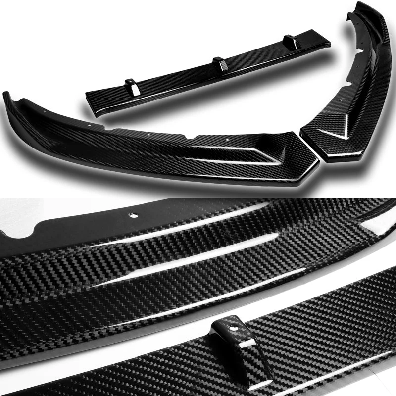 2016-2019 Jaguar XE Real Carbon Fiber 3-Piece Front Bumper Body Spoiler Splitter Lip Kit with Plate Screw Caps - Image 7