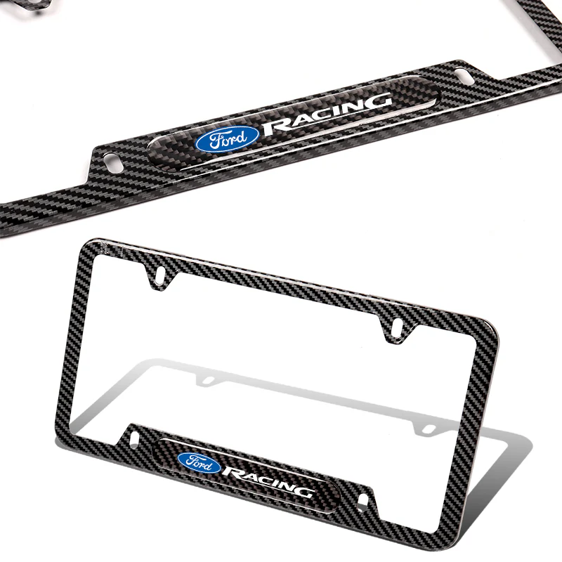 2PCS FORD RACING Black Carbon Fiber License Plate Frame Stainless Steel Metal - Image 2