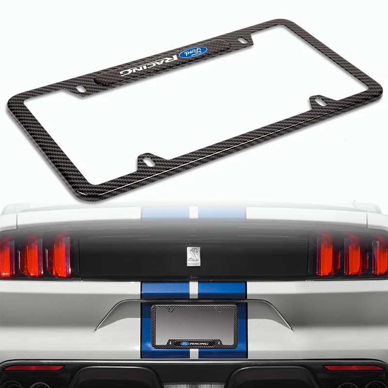 2PCS FORD RACING Black Carbon Fiber License Plate Frame Stainless Steel Metal - Image 4
