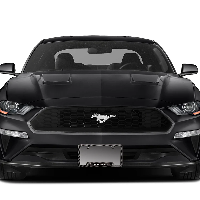 2PCS MUSTANG Black Carbon Fiber License Plate Frame Stainless Steel Metal - Image 2