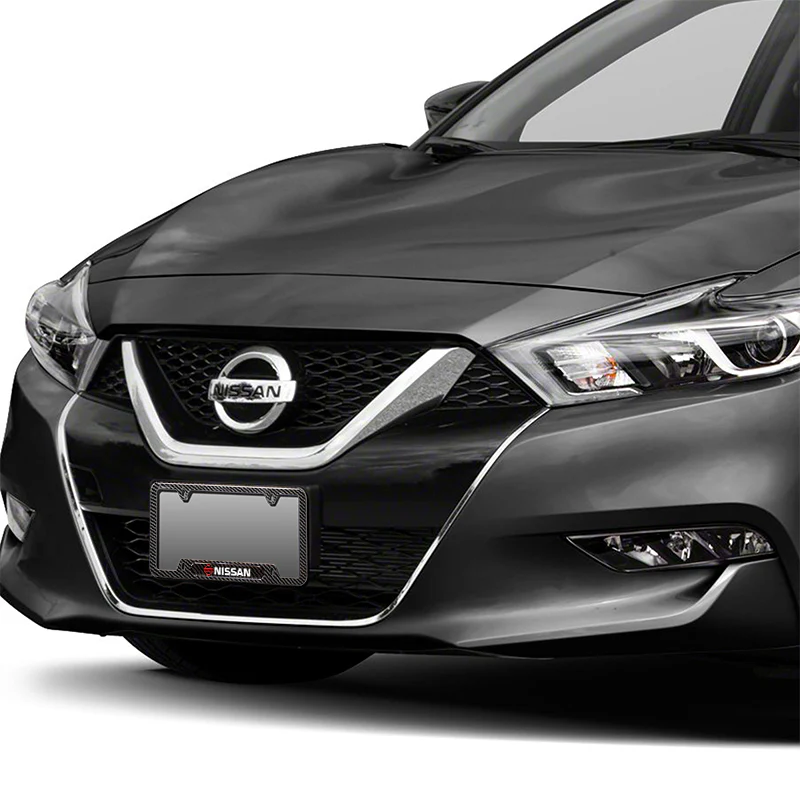 2PCS NISSAN Black Carbon Fiber License Plate Frame Stainless Steel Metal - Image 2