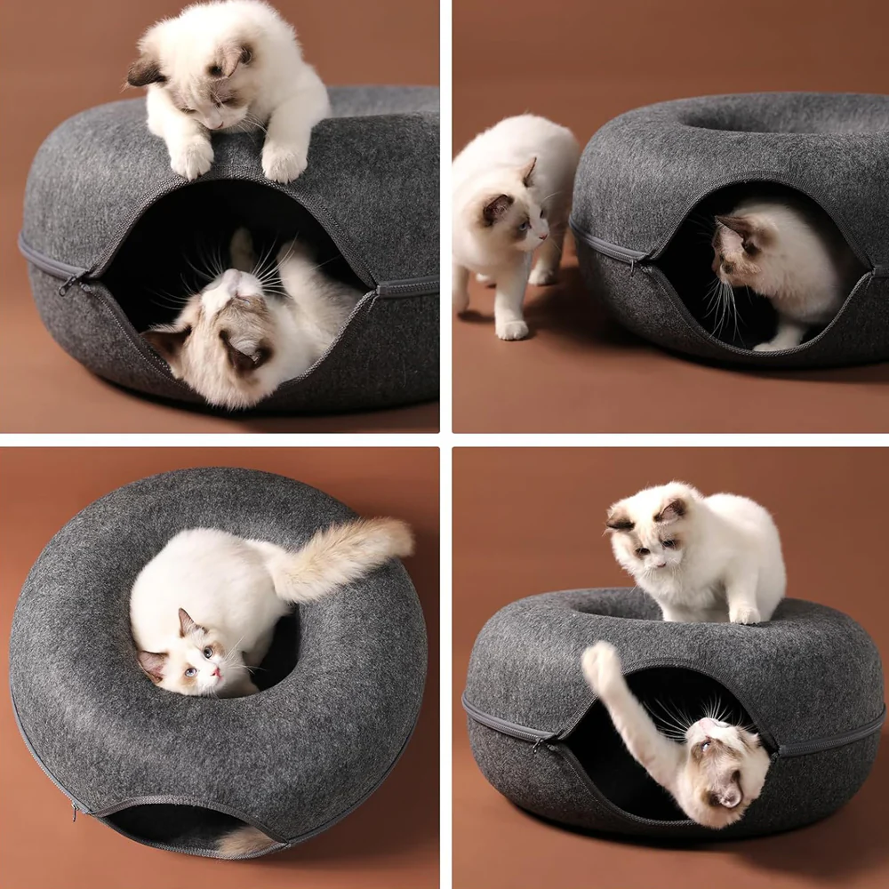 2PCS Peekaboo Cat Cave Bed for Indoor Cats, Detachable Round Felt Tunnel, 20 Inch, Dark Grey - Image 2