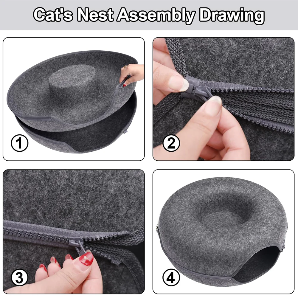 2PCS Peekaboo Cat Cave Bed for Indoor Cats, Detachable Round Felt Tunnel, 20 Inch, Dark Grey - Image 3