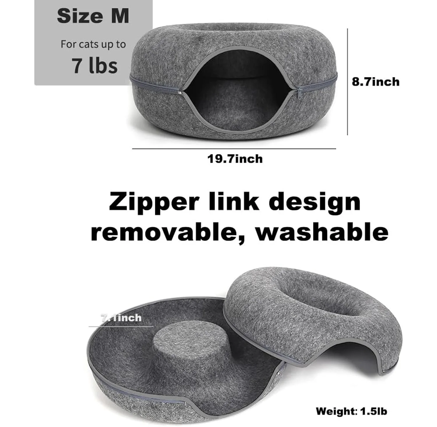 2PCS Peekaboo Cat Cave Bed for Indoor Cats, Detachable Round Felt Tunnel, 20 Inch, Dark Grey - Image 4