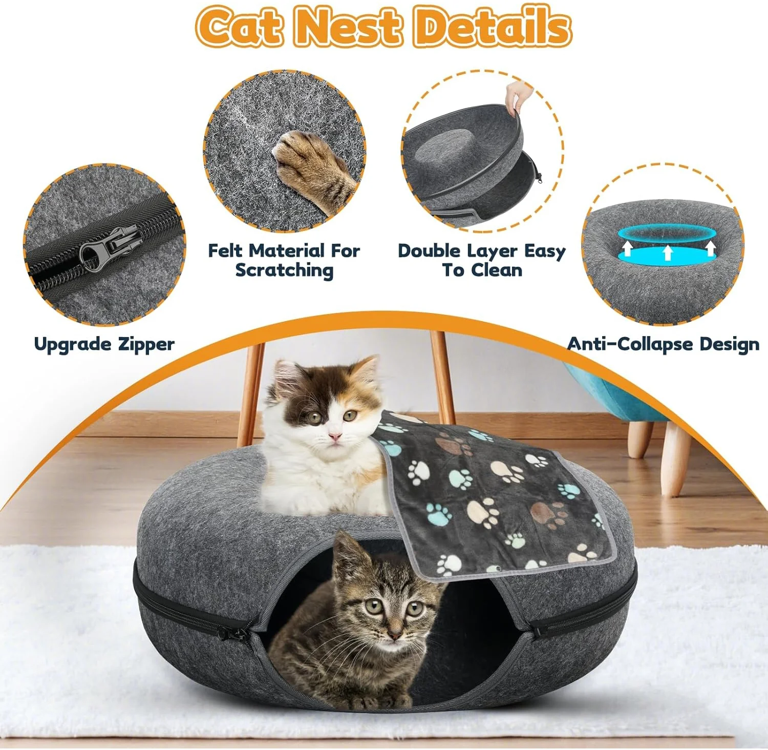 2PCS Peekaboo Cat Cave Bed for Indoor Cats, Detachable Round Felt Tunnel, 20 Inch, Dark Grey - Image 8