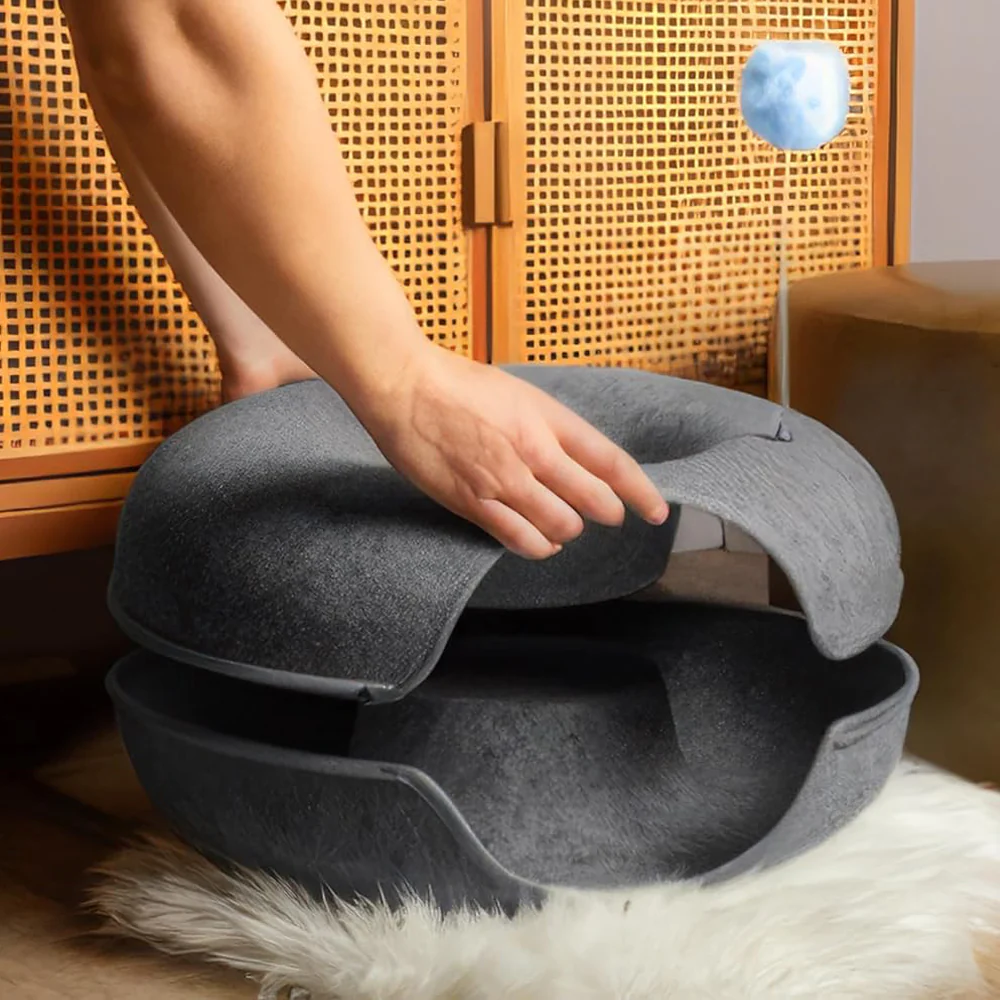 2PCS Peekaboo Cat Cave Bed for Indoor Cats, Detachable Round Felt Tunnel, 20 Inch, Dark Grey - Image 9