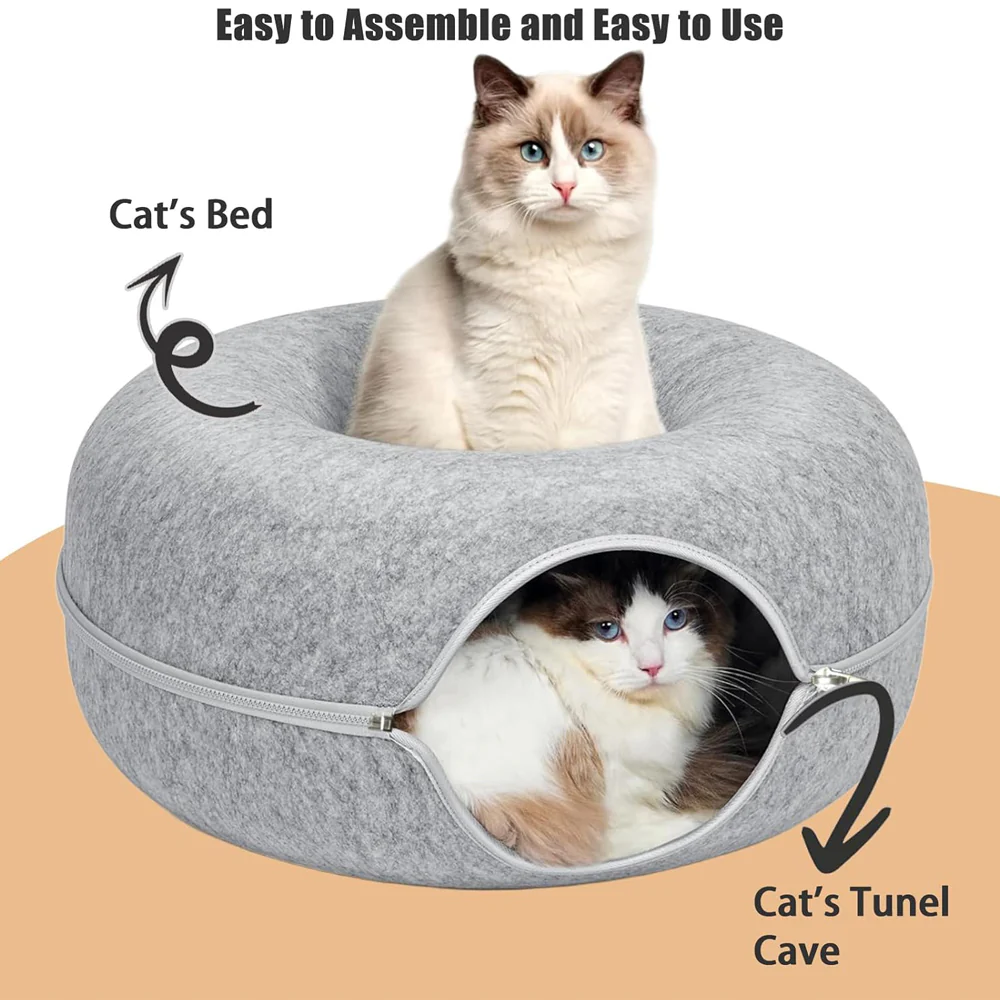 2PCS Peekaboo Cat Cave Bed for Indoor Cats, Detachable Round Felt Tunnel, 20 Inch, Light Grey + Dark Grey - Image 2