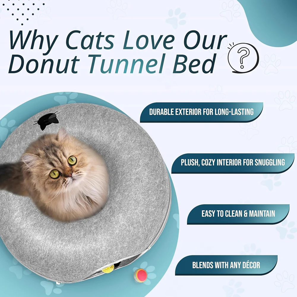 2PCS Peekaboo Cat Cave Bed for Indoor Cats, Detachable Round Felt Tunnel, 20 Inch, Light Grey - Image 5