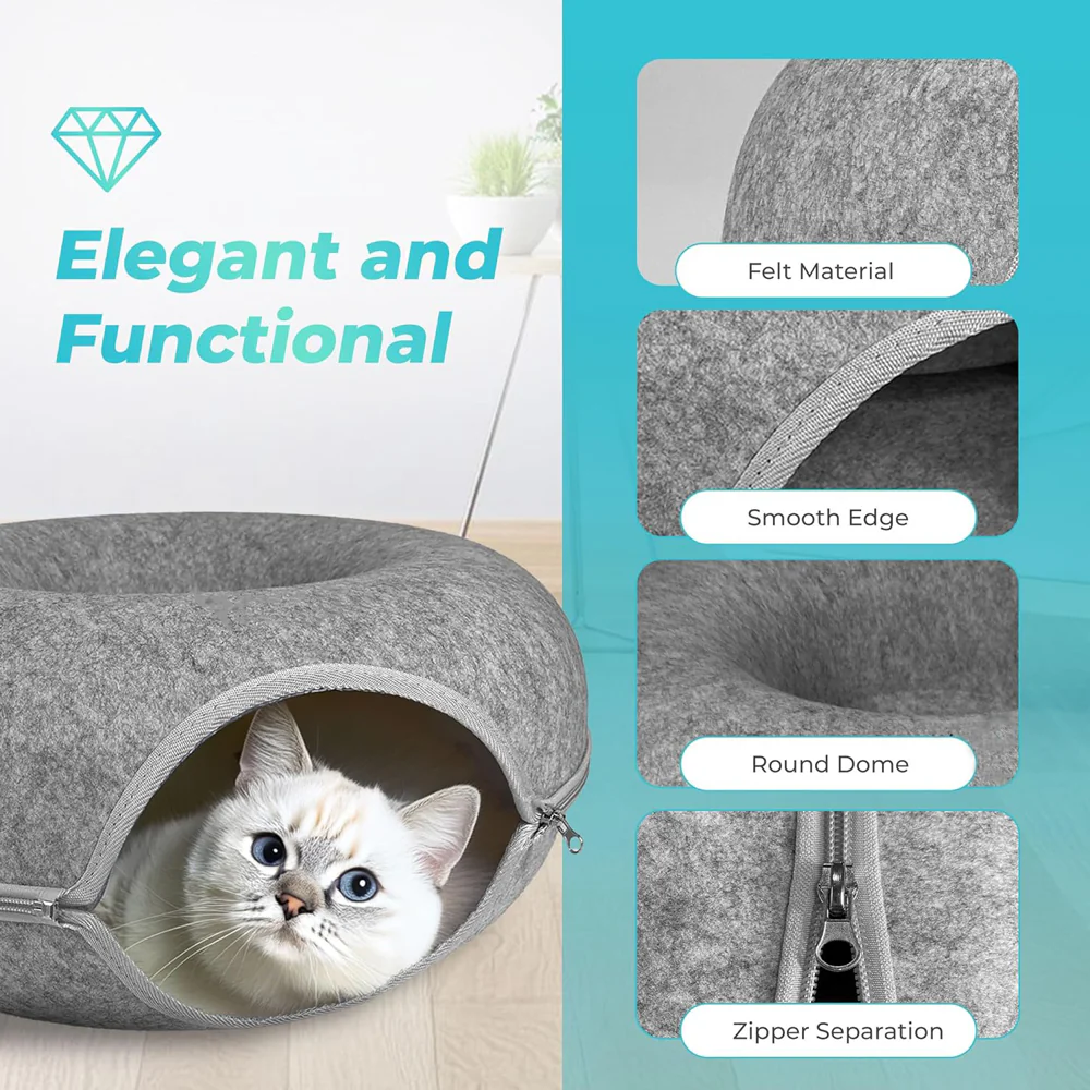 2PCS Peekaboo Cat Cave Bed for Indoor Cats, Detachable Round Felt Tunnel, 20 Inch, Light Grey + Dark Grey - Image 5