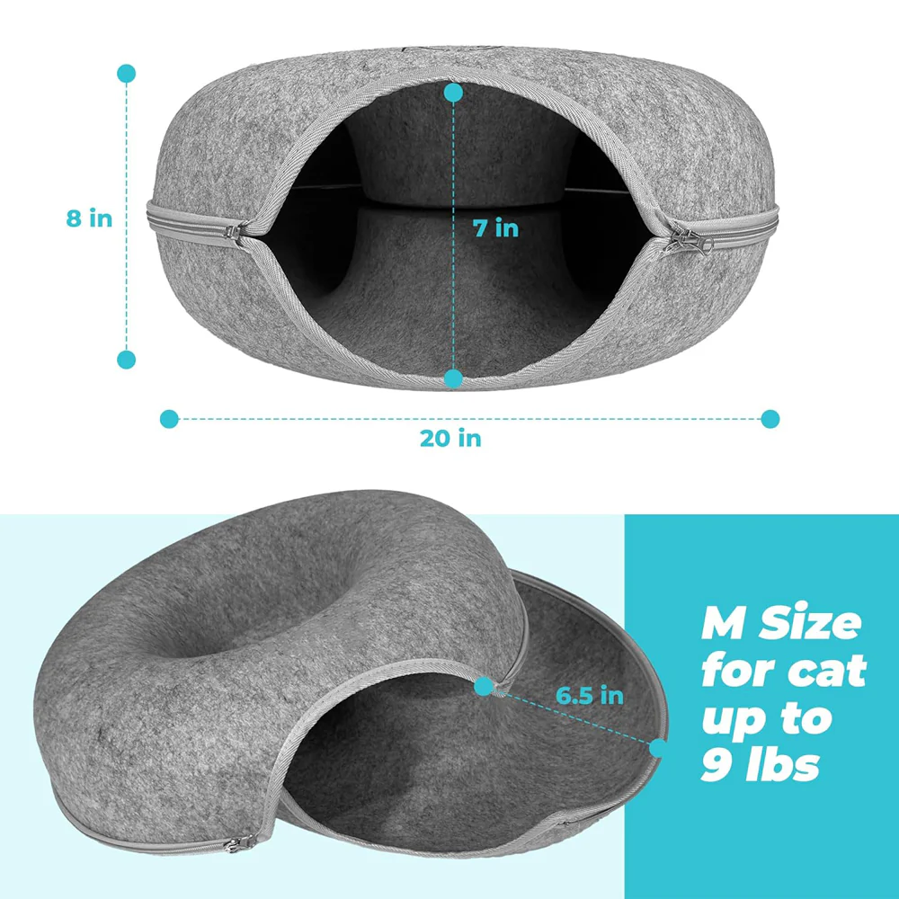 2PCS Peekaboo Cat Cave Bed for Indoor Cats, Detachable Round Felt Tunnel, 20 Inch, Light Grey + Dark Grey - Image 6