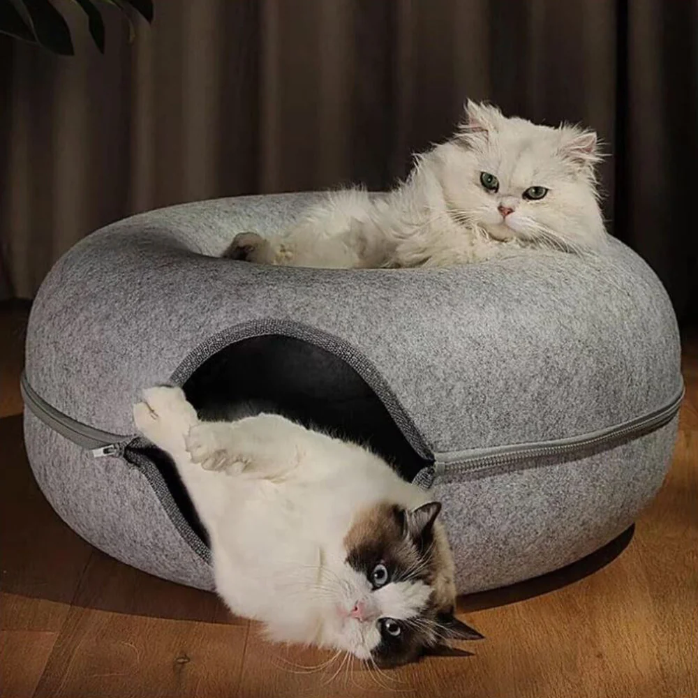 2PCS Peekaboo Cat Cave Bed for Indoor Cats, Detachable Round Felt Tunnel, 20 Inch, Light Grey + Dark Grey - Image 9