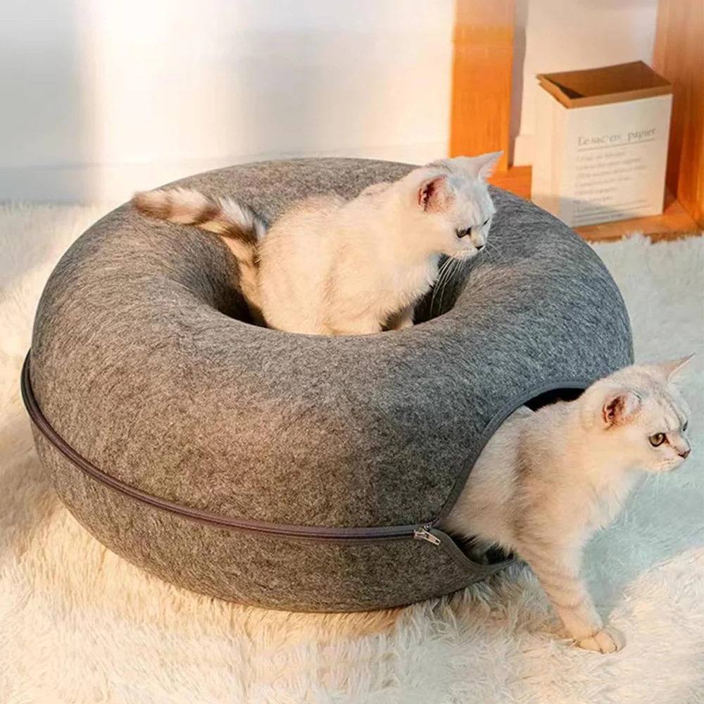 2PCS Peekaboo Cat Cave Bed for Indoor Cats, Detachable Round Felt Tunnel, 20 Inch, Light Grey + Dark Grey - Image 11