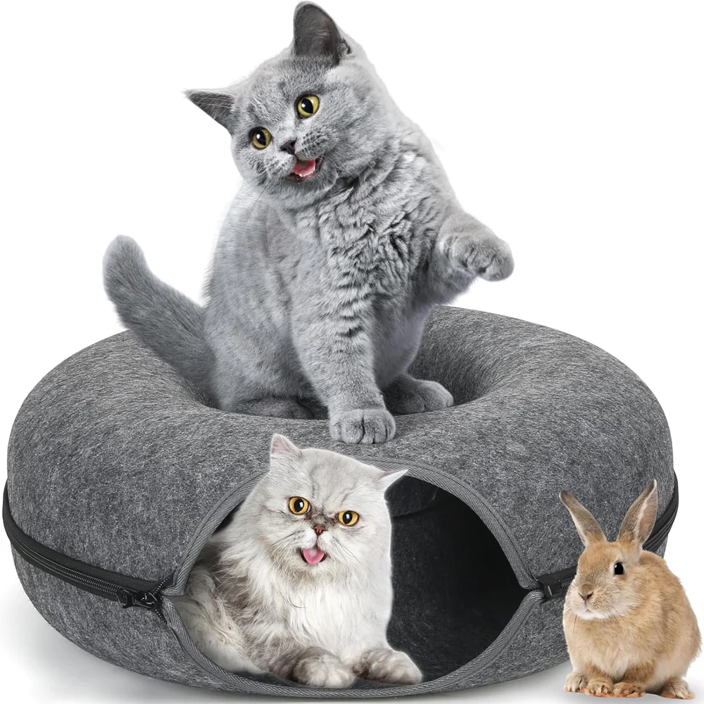 2PCS Peekaboo Cat Cave Bed for Indoor Cats, Detachable Round Felt Tunnel, 20 Inch, Light Grey + Dark Grey - Image 7
