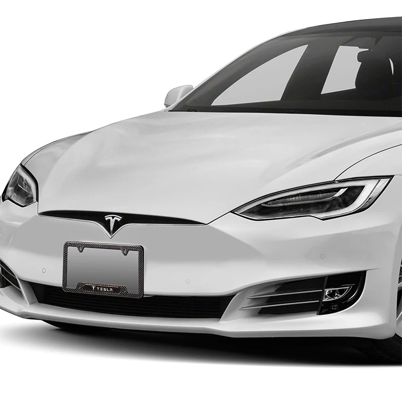 2PCS TESLA Black Carbon Fiber License Plate Frame Stainless Steel Metal - Image 2