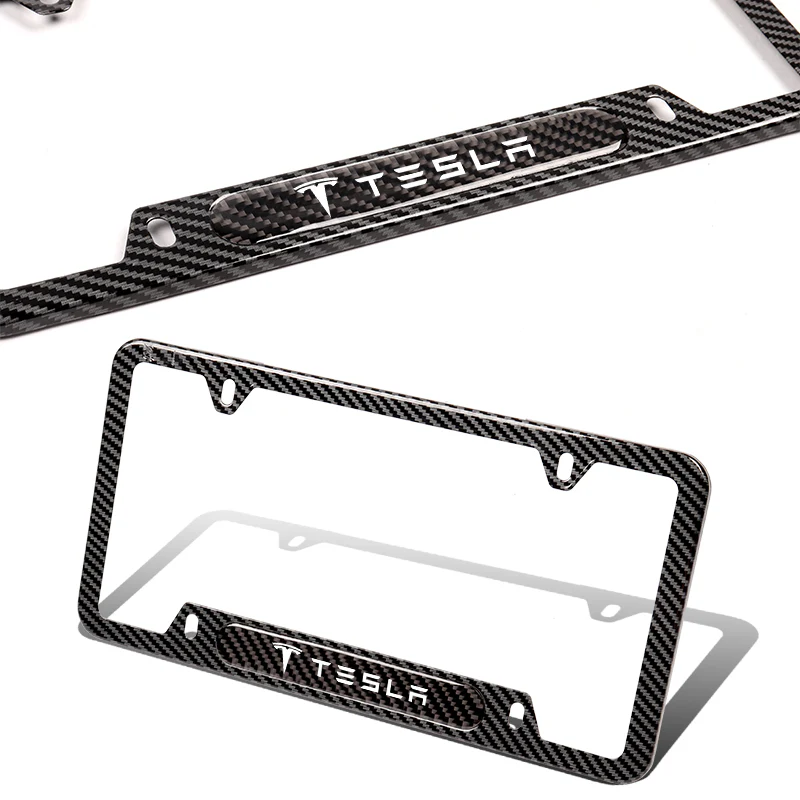 2PCS TESLA Black Carbon Fiber License Plate Frame Stainless Steel Metal - Image 3