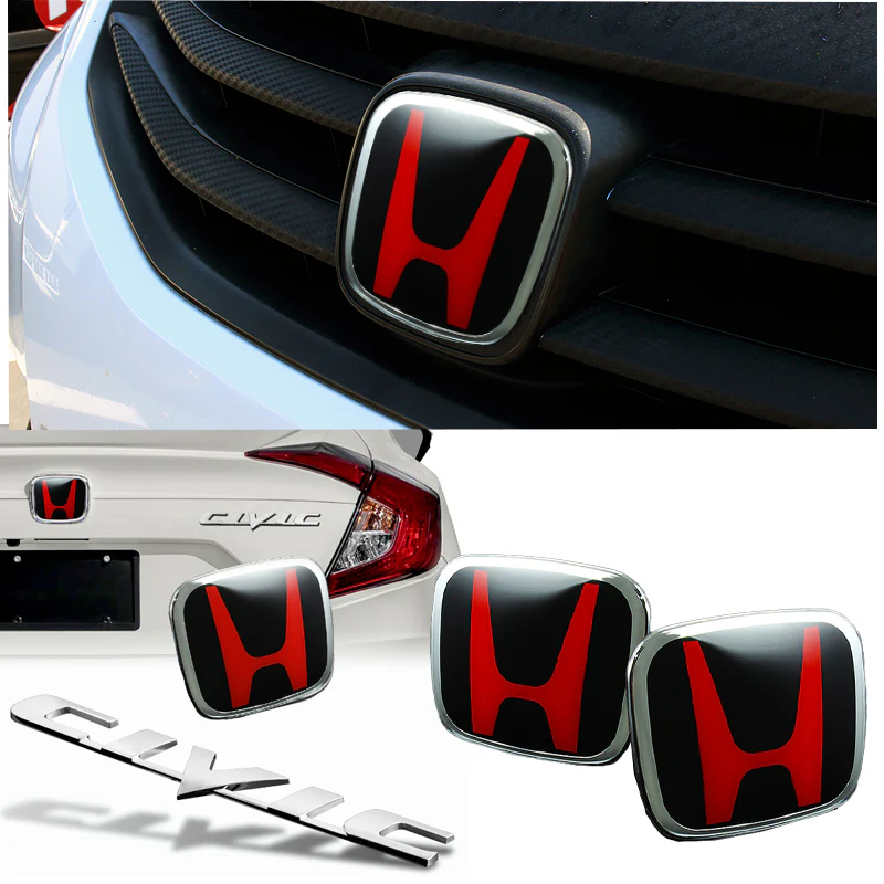 3 PCS Set For 06-11 HONDA CIVIC COUPE Red/Black JDM H Front & Rear Emblems with Civic Rear Chrome Emblem - Image 5