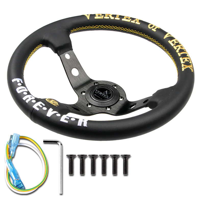 330mm Golden & White Embroidery Vertex Black Genuine Leather Steering Wheel "F.O.R.E.V.E.R" New - Image 2