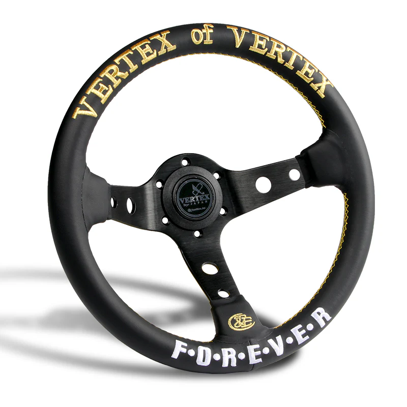 330mm Golden & White Embroidery Vertex Black Genuine Leather Steering Wheel "F.O.R.E.V.E.R" New - Image 3