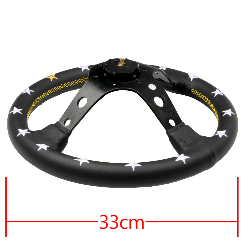 330mm Golden & White Embroidery Vertex Black Genuine Leather Steering Wheel "F.O.R.E.V.E.R" New - Image 4