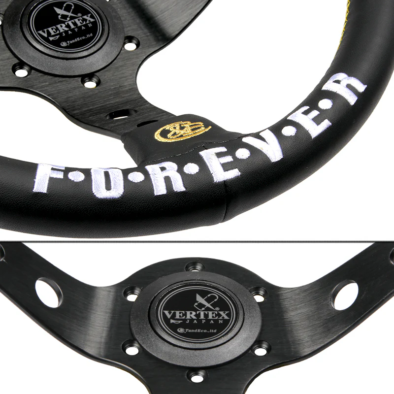 330mm Golden & White Embroidery Vertex Black Genuine Leather Steering Wheel "F.O.R.E.V.E.R" New - Image 7