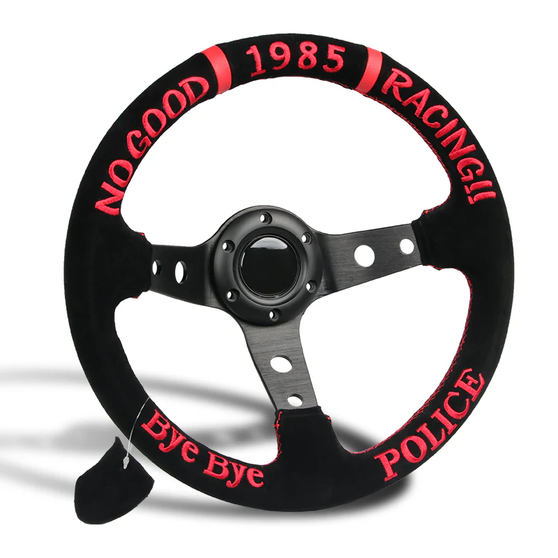 330mm Racing POLICE Bye Bye Drift 1985 Embroidery Suede Deep Dish Steering Wheel New - Image 4