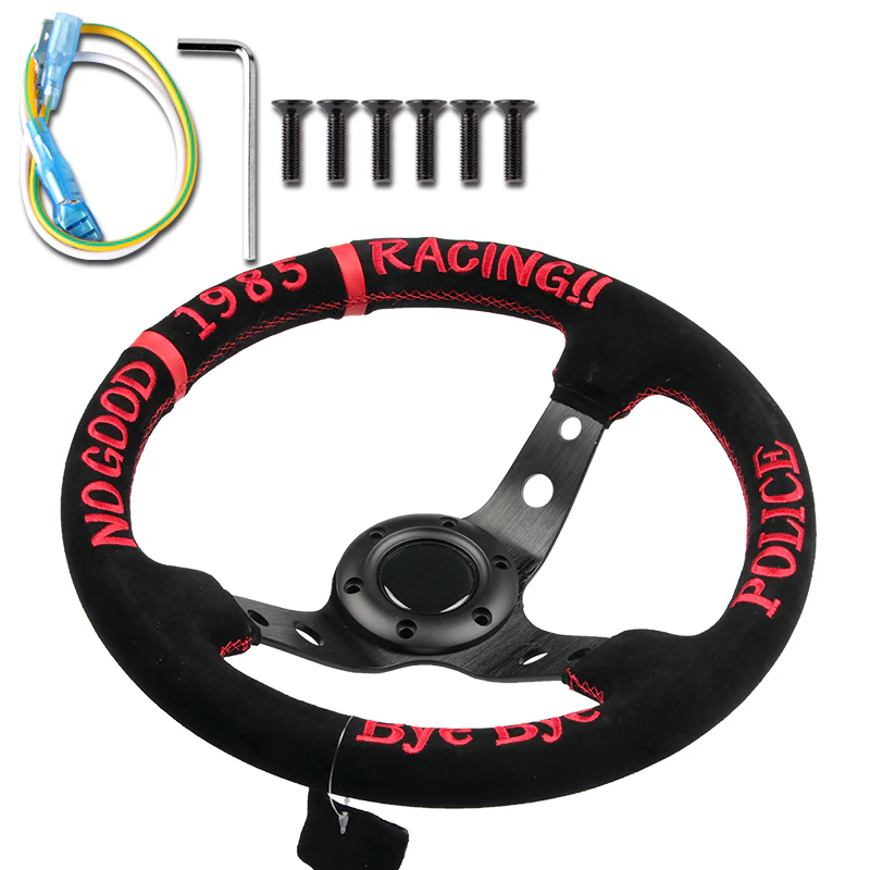 330mm Racing POLICE Bye Bye Drift 1985 Embroidery Suede Deep Dish Steering Wheel New - Image 6