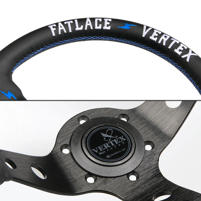 330mm Vertex Black Genuine Leather Drift Steering Wheels with White Embroidery - Image 2