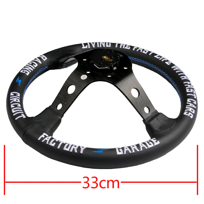 330mm Vertex Black Genuine Leather Drift Steering Wheels with White Embroidery - Image 3