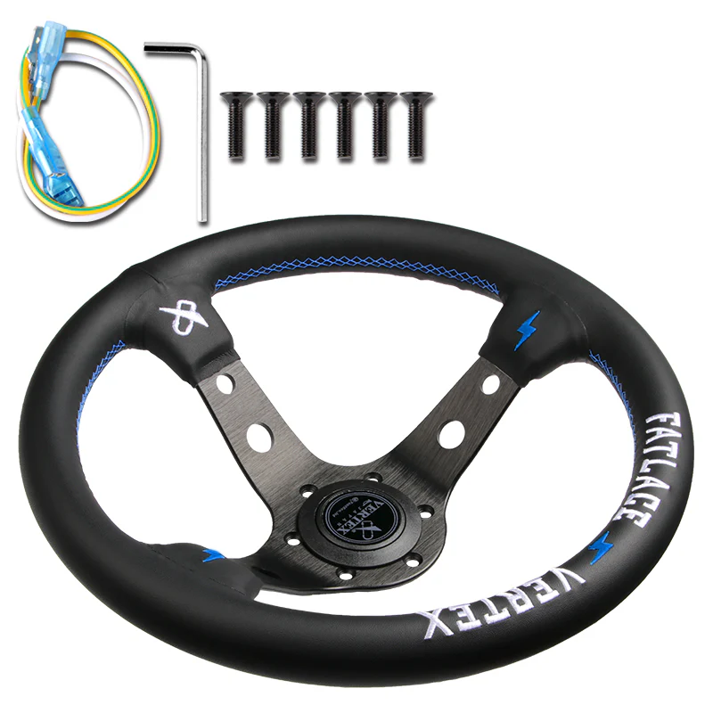 330mm Vertex Black Genuine Leather Drift Steering Wheels with White Embroidery - Image 5