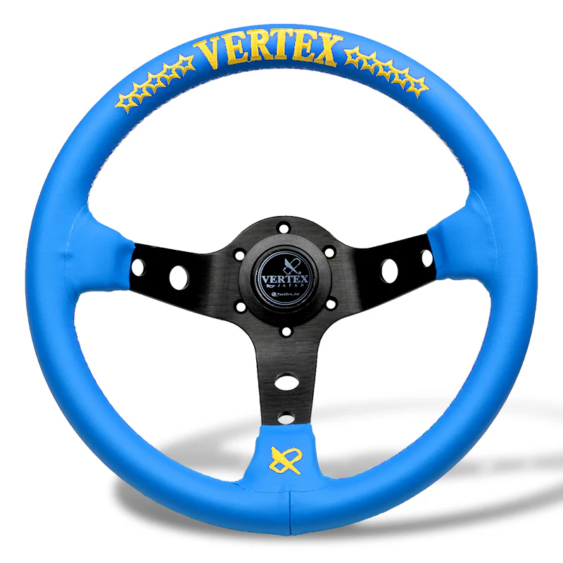 330mm Vertex Blue Genuine Leather Drift Steering Wheels with Yellow Embroidery - Image 2