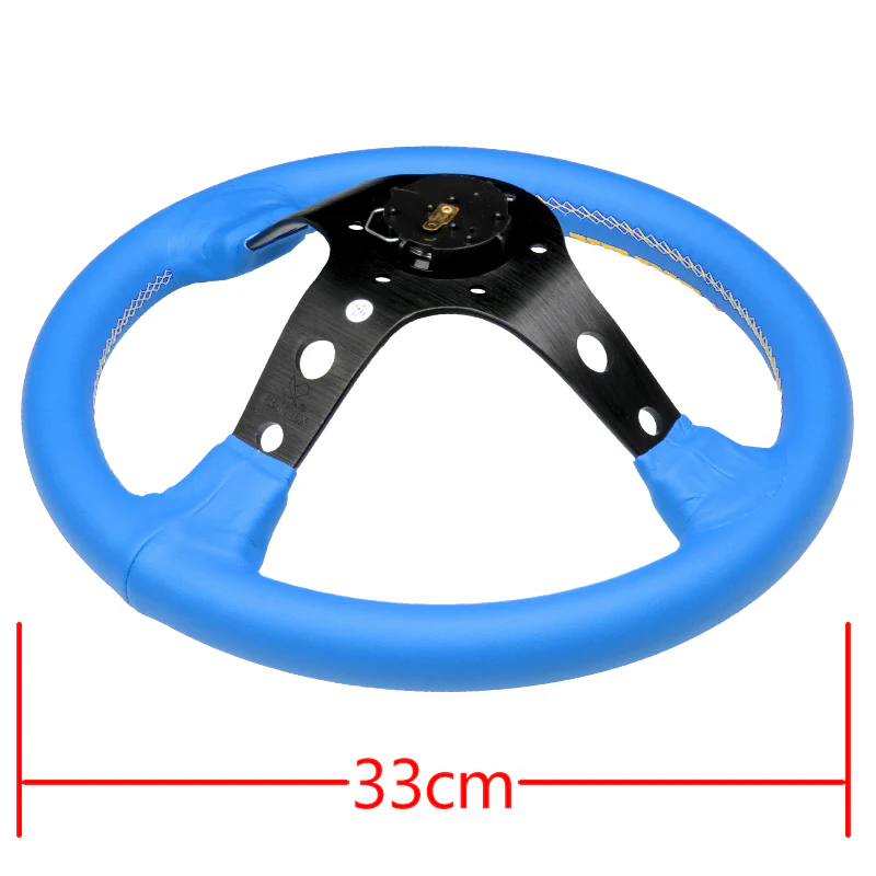 330mm Vertex Blue Genuine Leather Drift Steering Wheels with Yellow Embroidery - Image 3