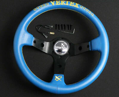 330mm Vertex Blue Genuine Leather Drift Steering Wheels with Yellow Embroidery - Image 4