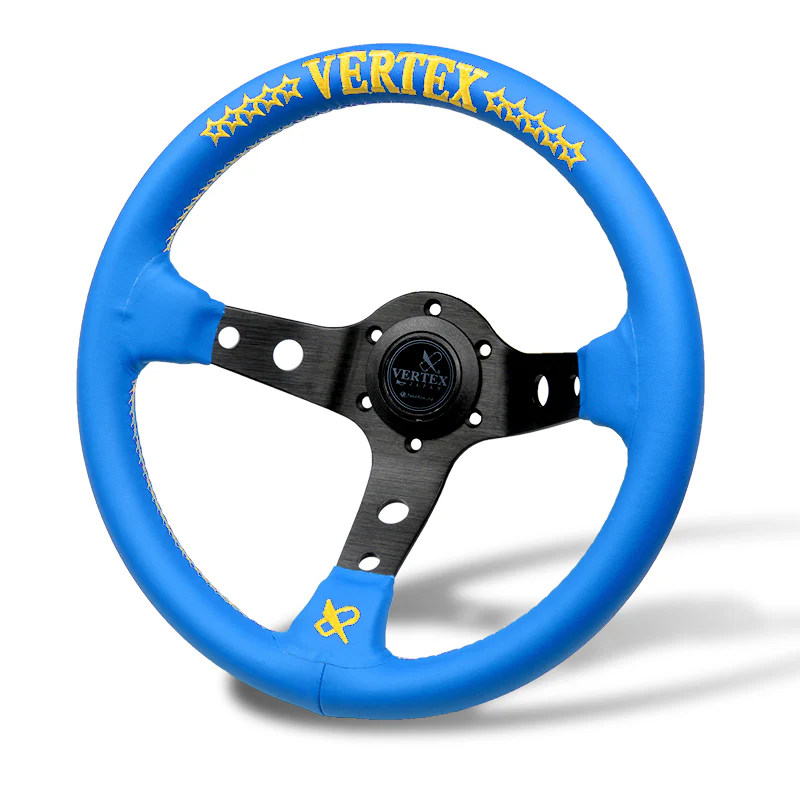 330mm Vertex Blue Genuine Leather Drift Steering Wheels with Yellow Embroidery - Image 5