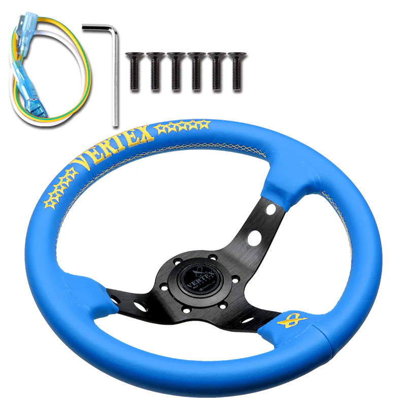 330mm Vertex Blue Genuine Leather Drift Steering Wheels with Yellow Embroidery - Image 6