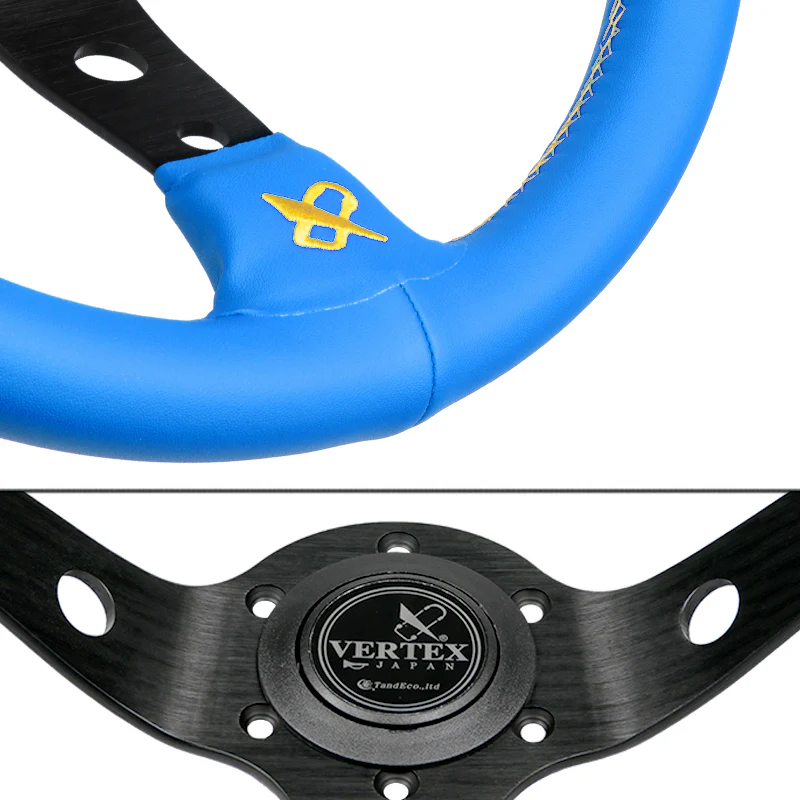 330mm Vertex Blue Genuine Leather Drift Steering Wheels with Yellow Embroidery - Image 7
