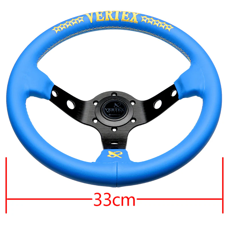 330mm Vertex Blue Genuine Leather Drift Steering Wheels with Yellow Embroidery - Image 8