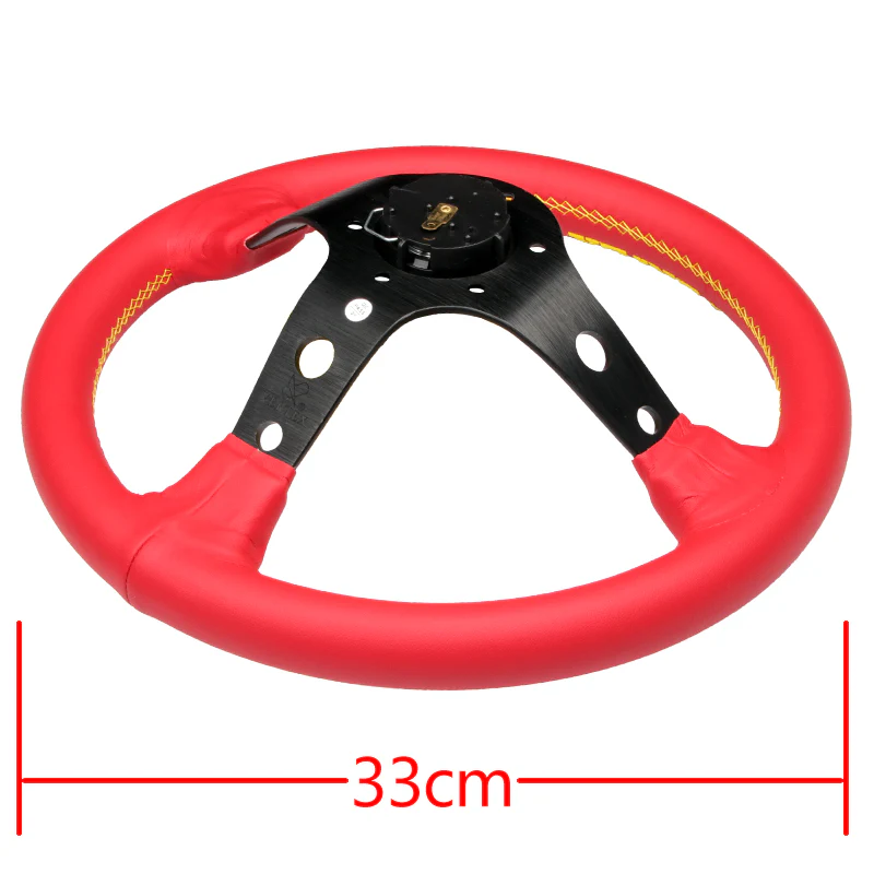 330mm Vertex Red Genuine Leather Drift Steering Wheels with Yellow Embroidery - Image 2