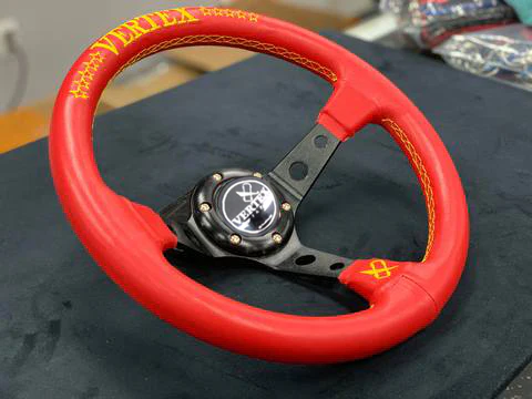 330mm Vertex Red Genuine Leather Drift Steering Wheels with Yellow Embroidery - Image 3