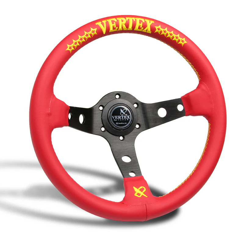 330mm Vertex Red Genuine Leather Drift Steering Wheels with Yellow Embroidery - Image 4