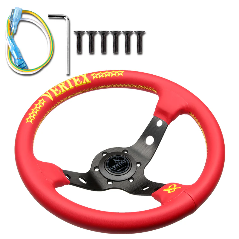 330mm Vertex Red Genuine Leather Drift Steering Wheels with Yellow Embroidery - Image 5